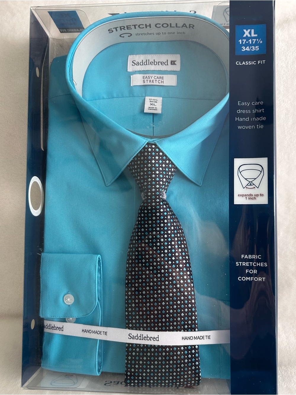 NEW Men Saddlebred Stretch Blue Collar Long Sleeve Dress Shirt with Handmade Tie